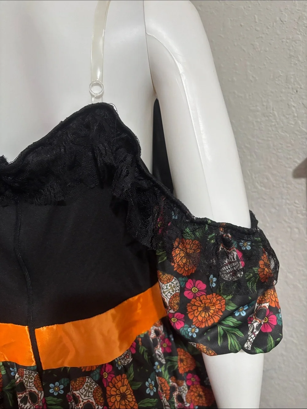Leg Avenue Black Sugar Skull Floral Halloween Dress with Orange Accents